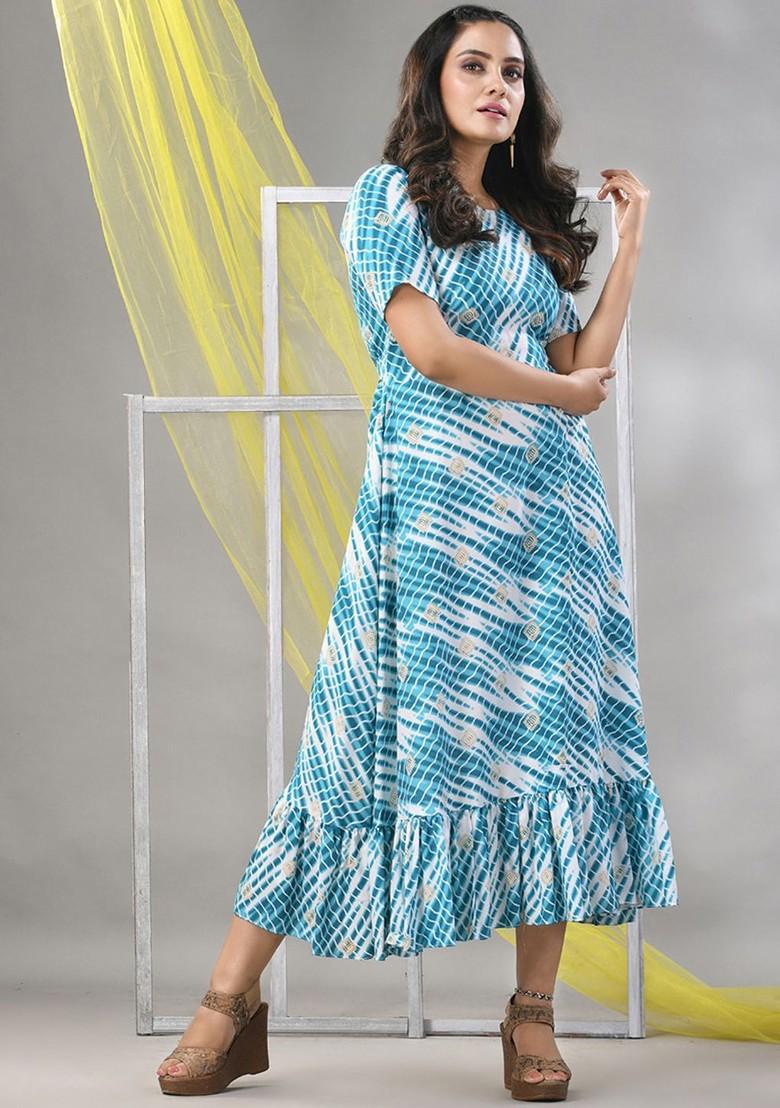 White Printed Rayon Midi Ethnic Dress