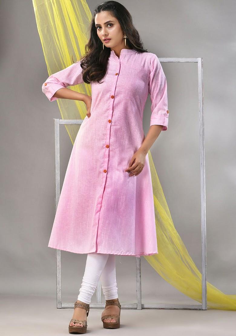 Pink Solid Cotton A- Line Kurta