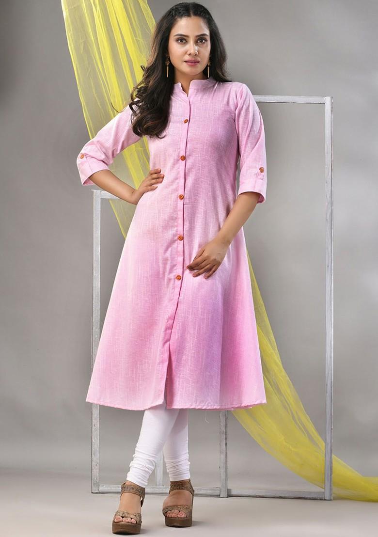 Pink Solid Cotton A- Line Kurta