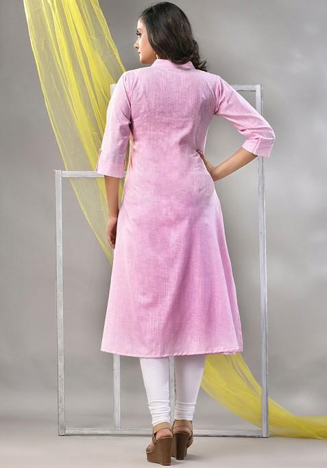 Pink Solid Cotton A- Line Kurta
