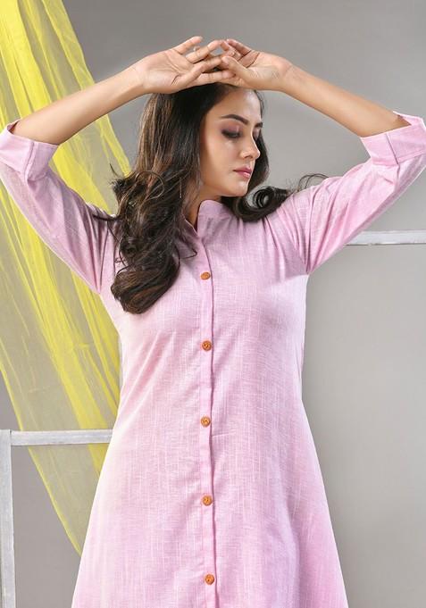 Pink Solid Cotton A- Line Kurta
