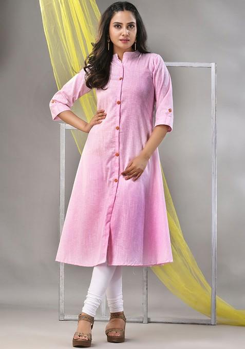 Pink Solid Cotton A- Line Kurta