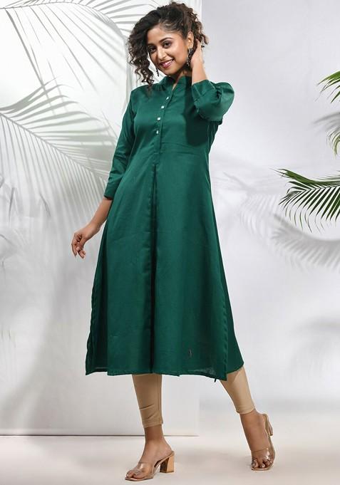 Green Solid Cotton A- Line Kurta