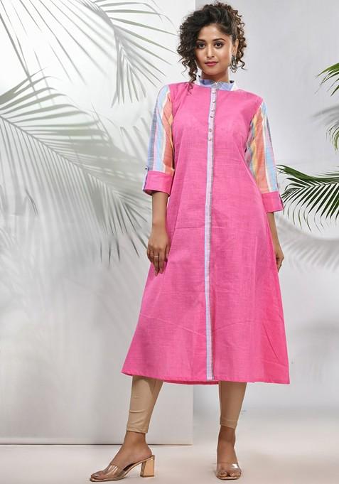 Pink Solid Cotton A- Line Kurta