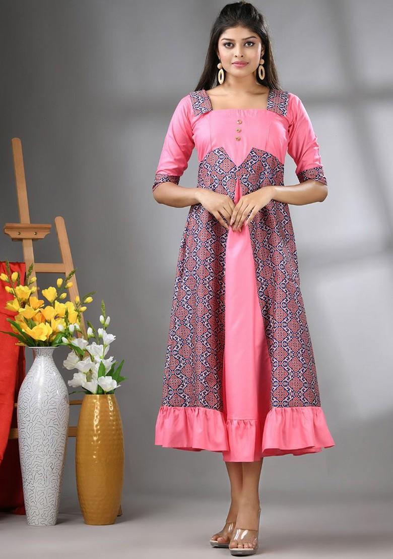 Pink Printed Georgette Midi Ethnic Dress