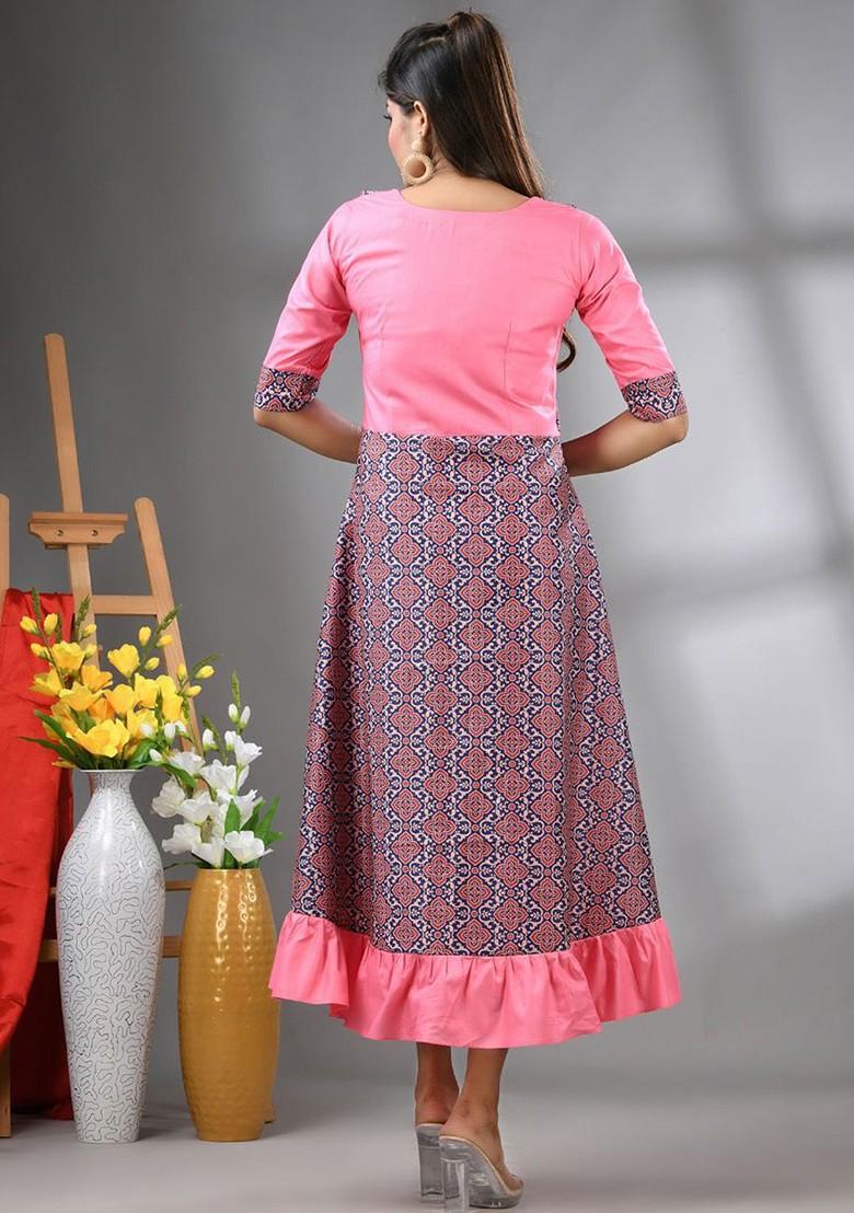 Pink Printed Georgette Midi Ethnic Dress