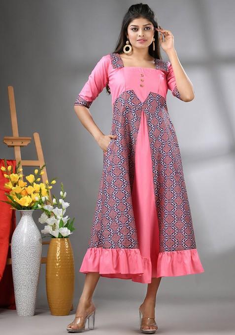 Pink Printed Georgette Midi Ethnic Dress