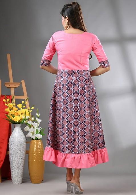 Pink Printed Georgette Midi Ethnic Dress
