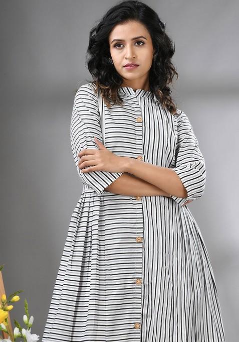 White Ethnic Motifs Cotton Midi Ethnic Dress