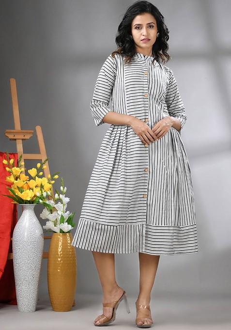 White Ethnic Motifs Cotton Midi Ethnic Dress