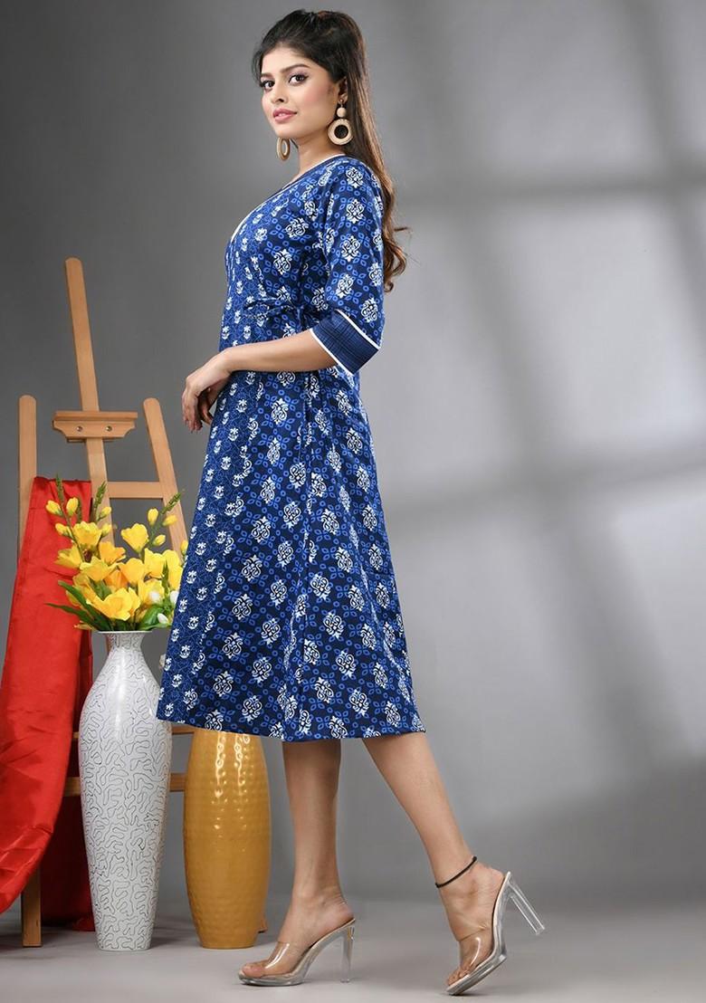 Navy Blue Printed Cotton Ethnic Dress