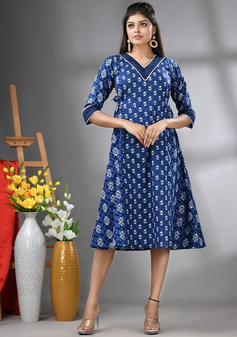 Navy Blue Printed Cotton Ethnic Dress