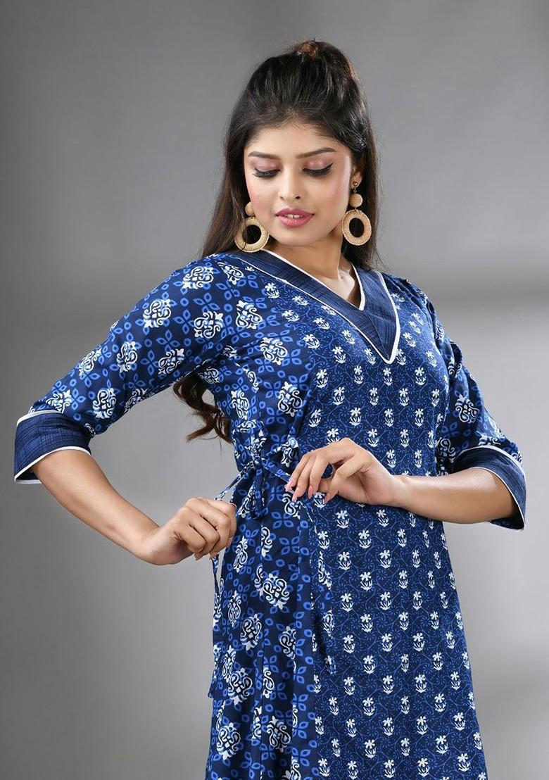 Navy Blue Printed Cotton Ethnic Dress