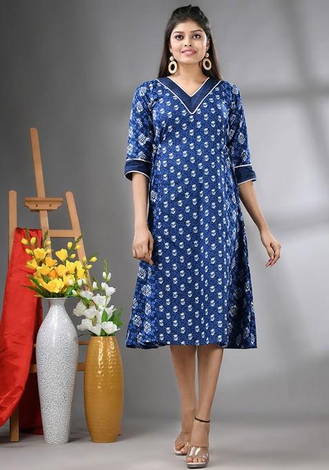 Navy Blue Printed Cotton Ethnic Dress