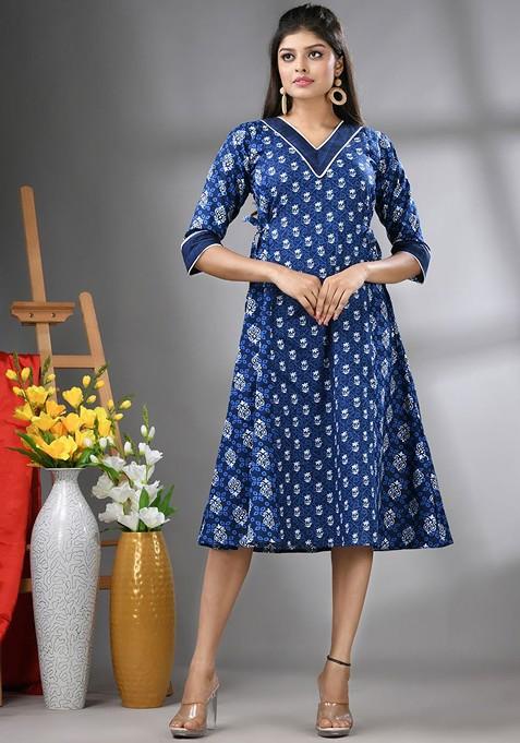 Navy Blue Printed Cotton Ethnic Dress
