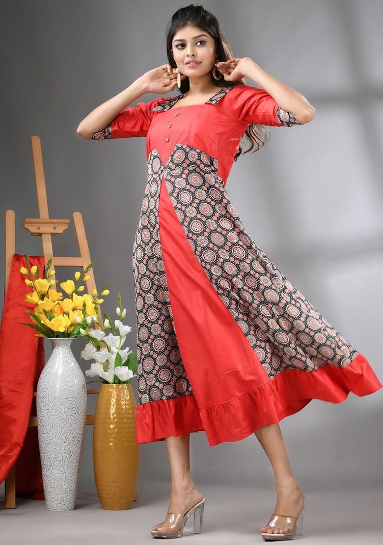 Red Printed Georgette Ethnic Dress