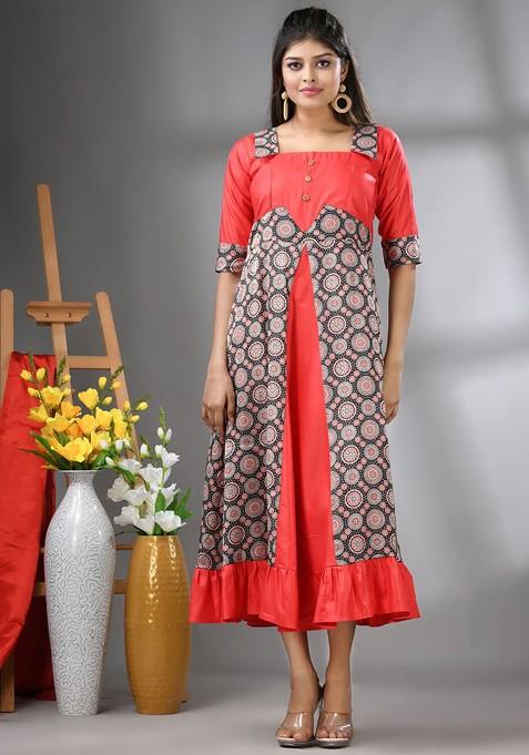 Red Printed Georgette Ethnic Dress