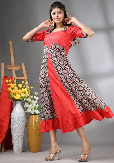 Red Printed Georgette Ethnic Dress