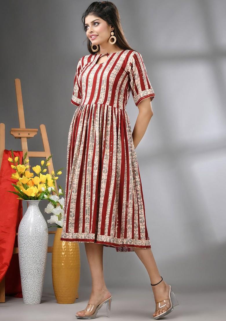 Red Printed Rayon Midi Ethnic Dress