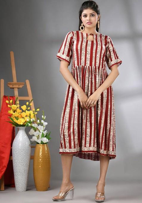 Red Printed Rayon Midi Ethnic Dress