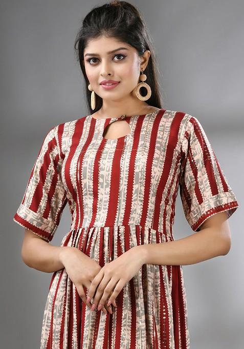 Red Printed Rayon Midi Ethnic Dress