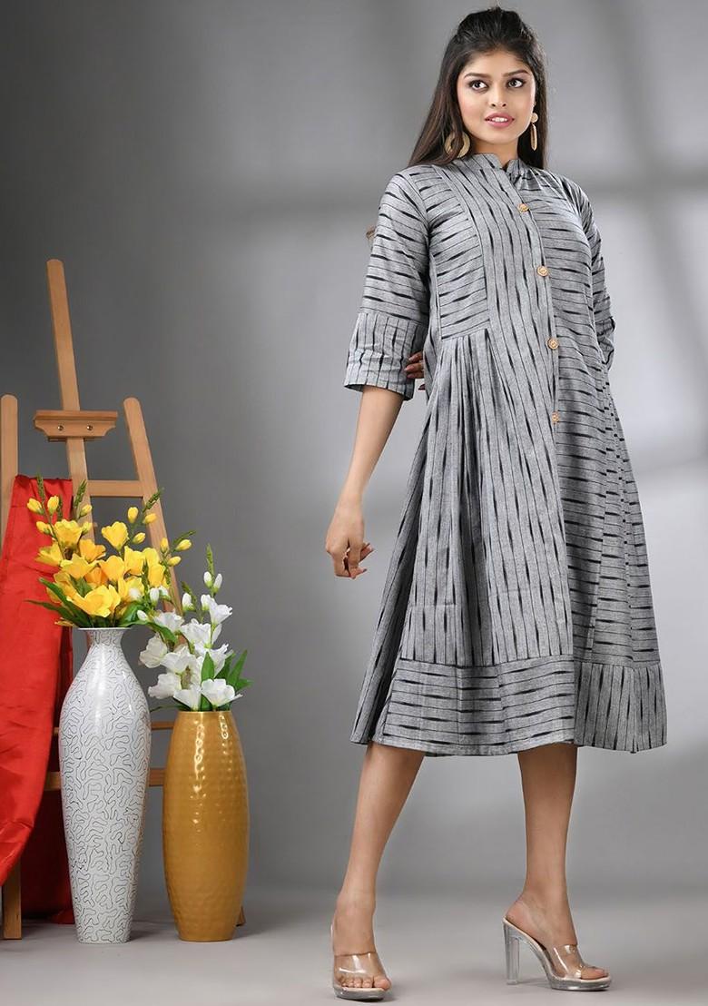 Grey Printed Cotton Midi Ethnic Dress