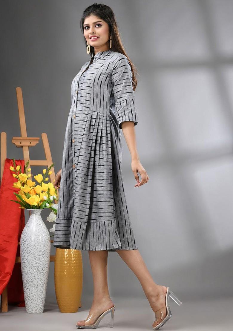 Grey Printed Cotton Midi Ethnic Dress