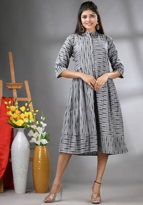 Grey Printed Cotton Midi Ethnic Dress