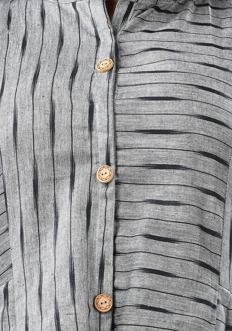 Grey Printed Cotton Midi Ethnic Dress