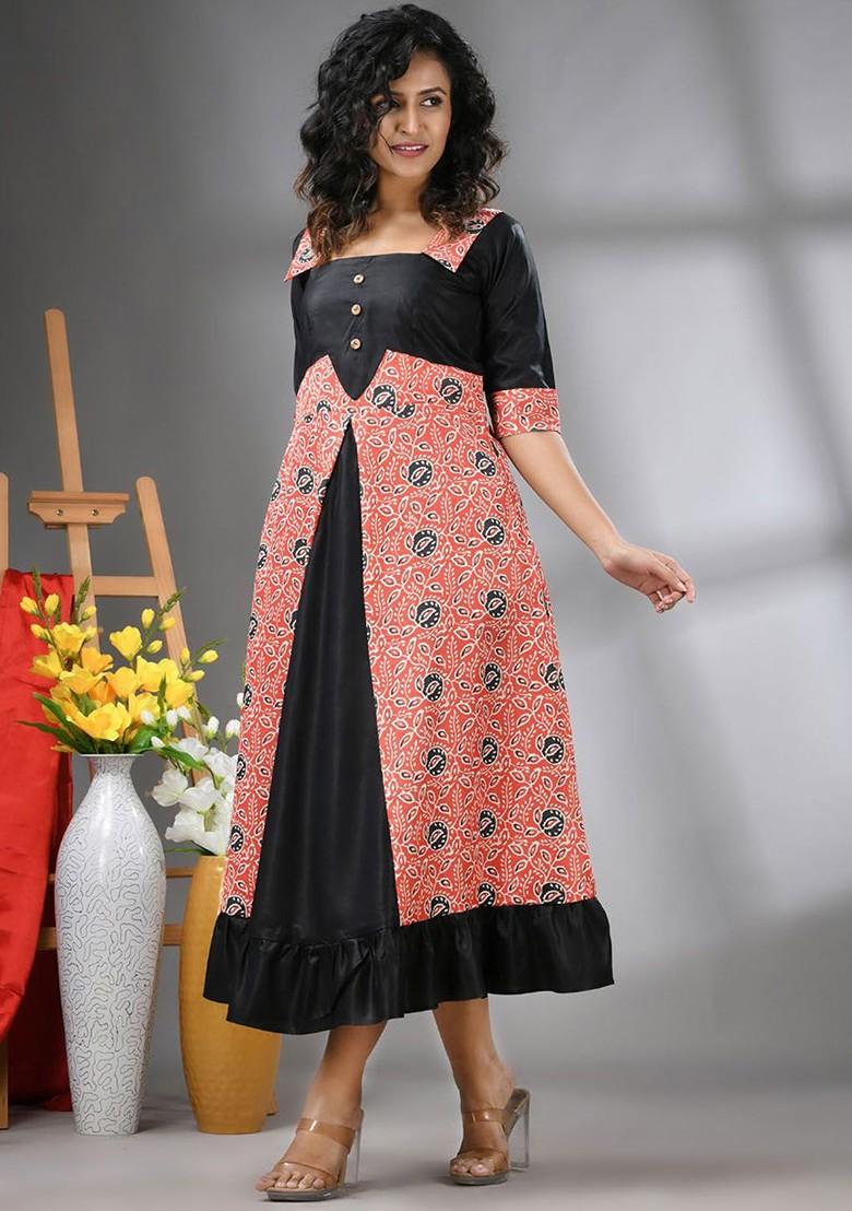 Orange Printed Georgette Maxi Ethnic Dress