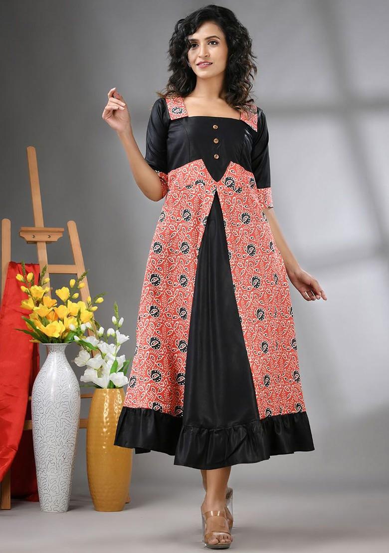 Orange Printed Georgette Maxi Ethnic Dress