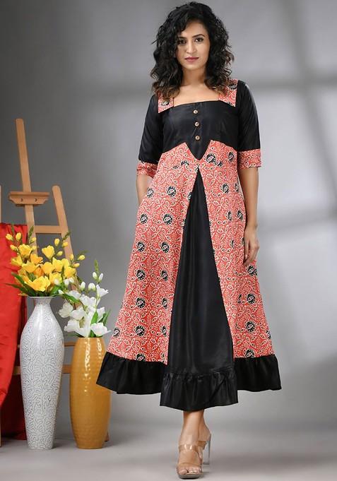 Orange Printed Georgette Maxi Ethnic Dress