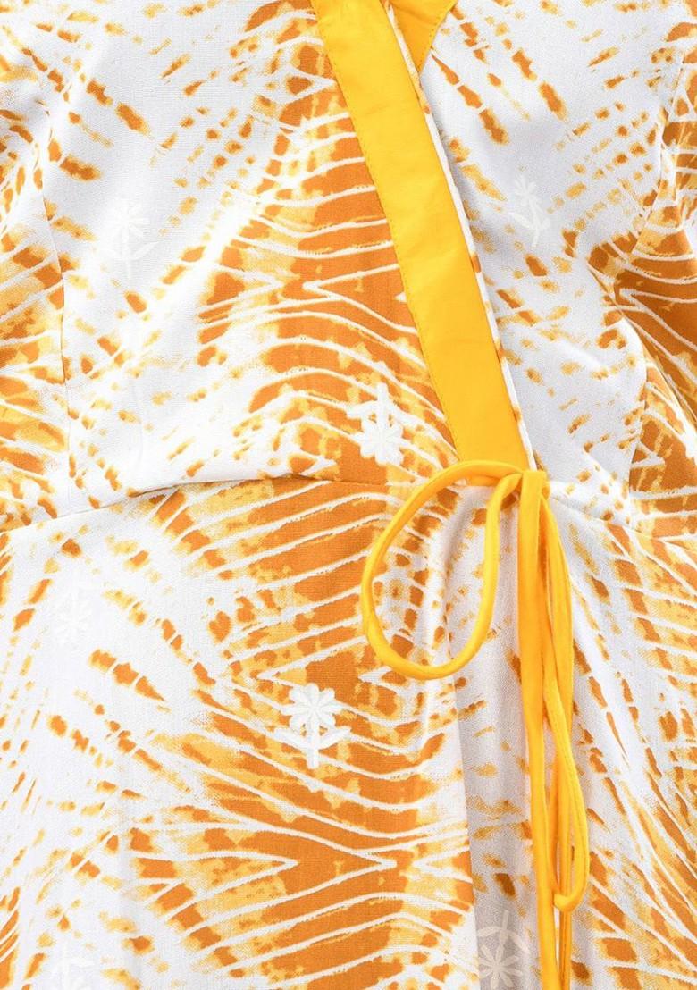 White Printed Rayon Maxi Ethnic Dress