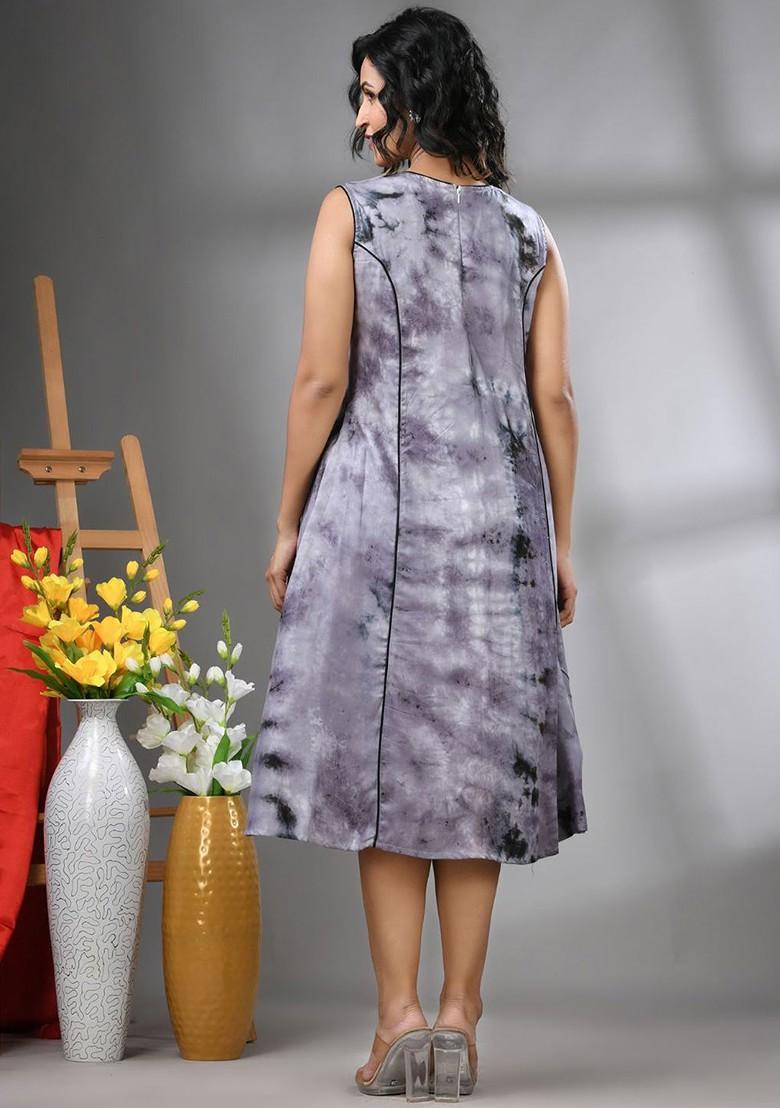 Grey Abstract Print Rayon Midi Ethnic Dress