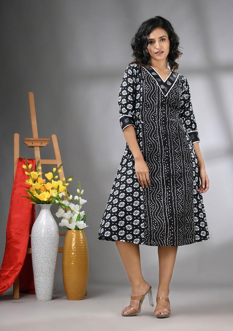 Black Printed Cotton Ethnic Dress