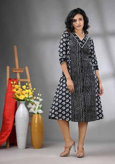 Black Printed Cotton Ethnic Dress