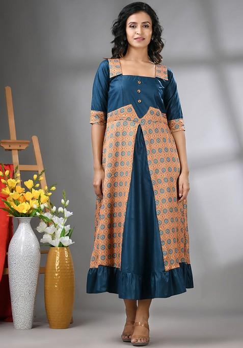 Blue Printed Georgette Midi Ethnic Dress