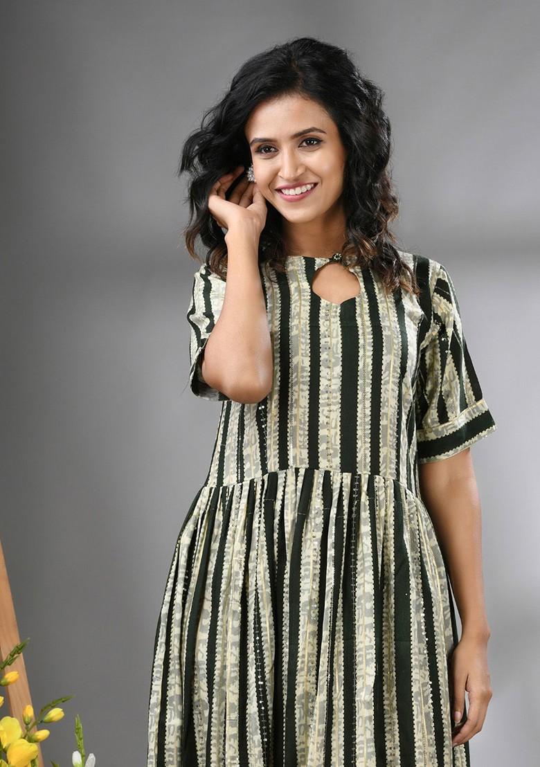 Green Ethnic Motifs Rayon Midi Ethnic Dress