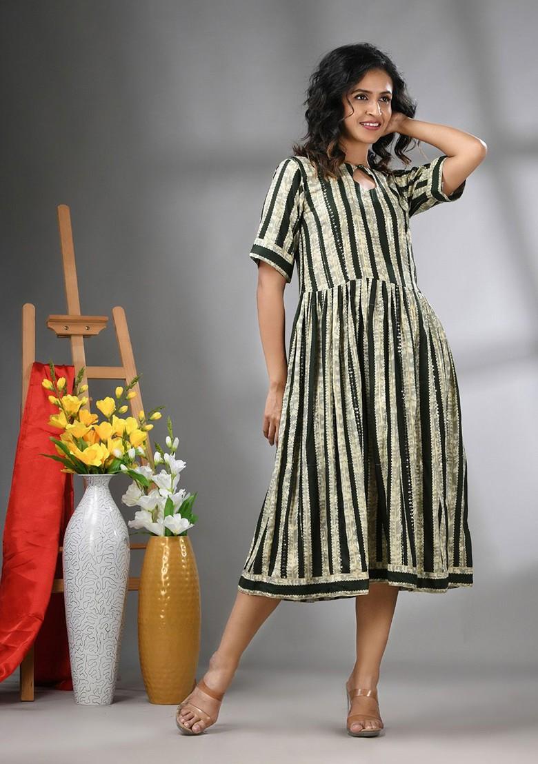 Green Ethnic Motifs Rayon Midi Ethnic Dress