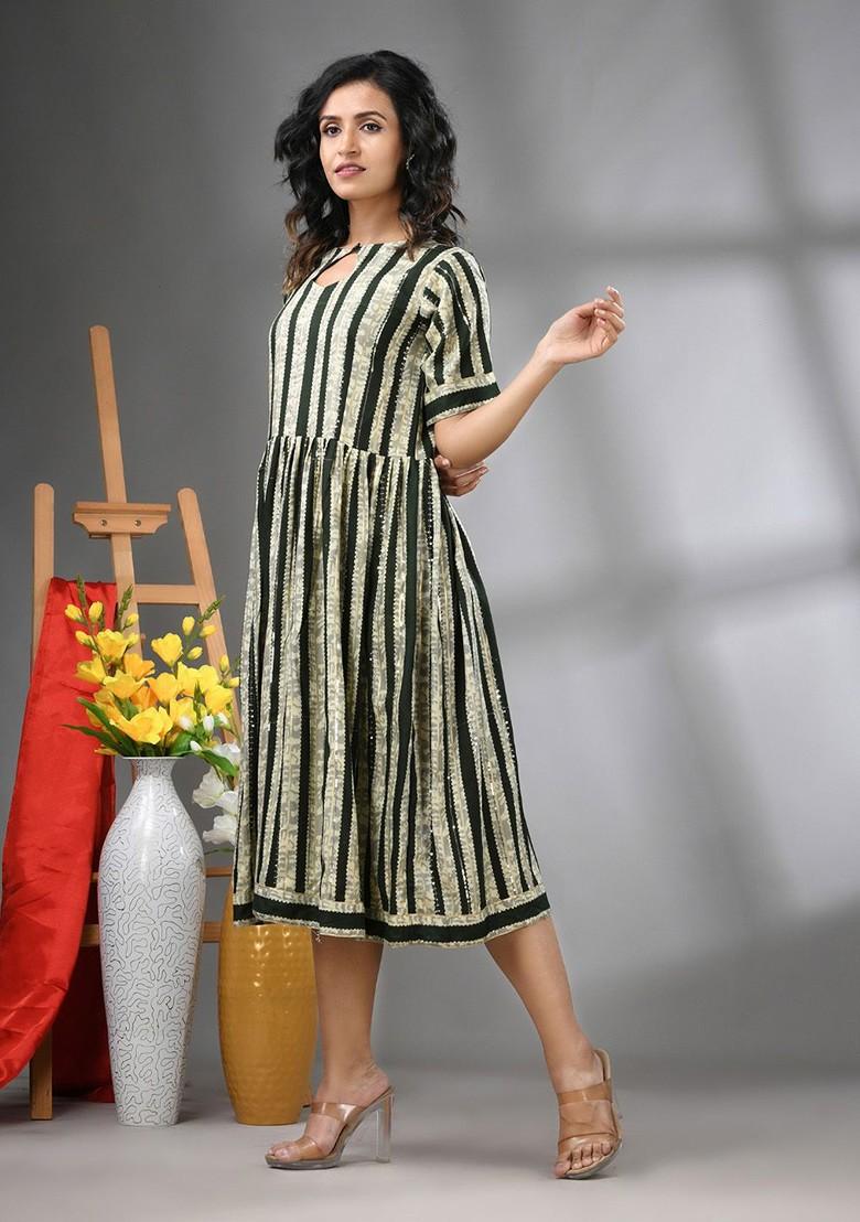 Green Ethnic Motifs Rayon Midi Ethnic Dress