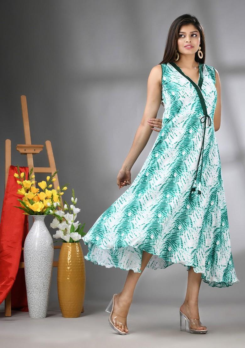 White Printed Rayon Midi Ethnic Dress