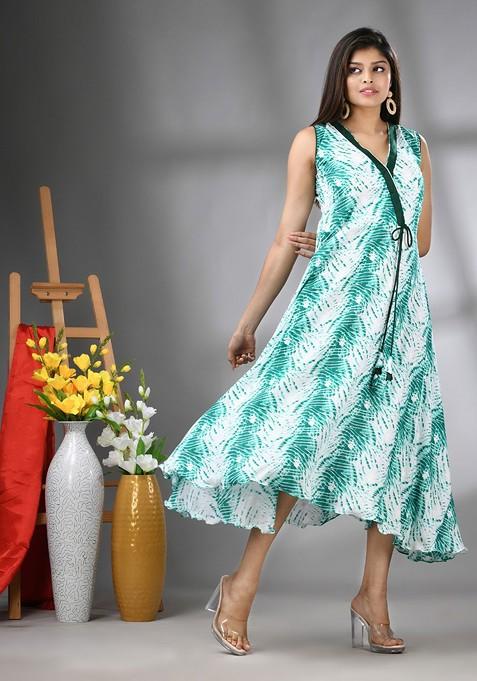 White Printed Rayon Midi Ethnic Dress