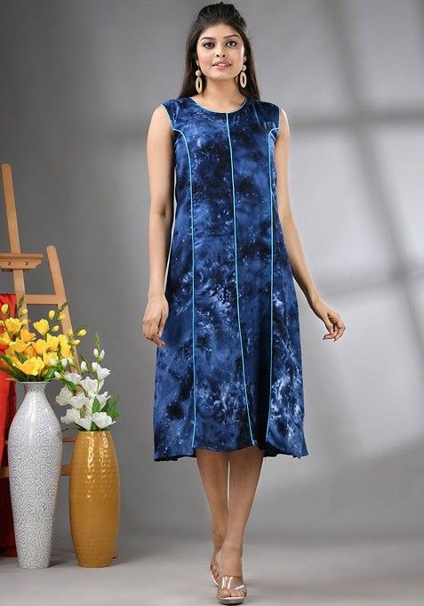 Navy Blue Abstract Print Rayon Midi Ethnic Dress