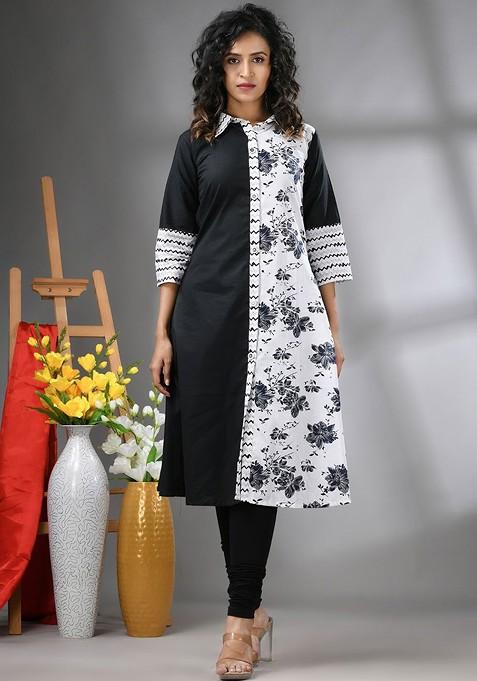 Black Floral Print Cotton Kurta