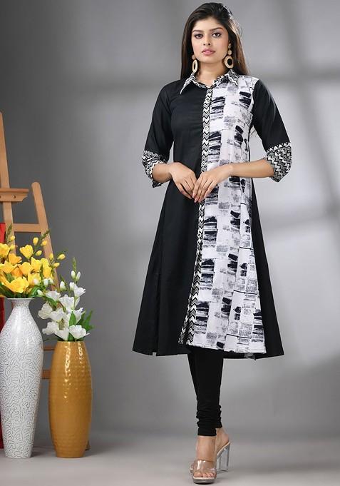 Black Geometric Print Cotton Kurta