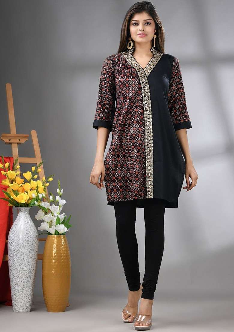 Black Printed Cotton Kurta - Indya