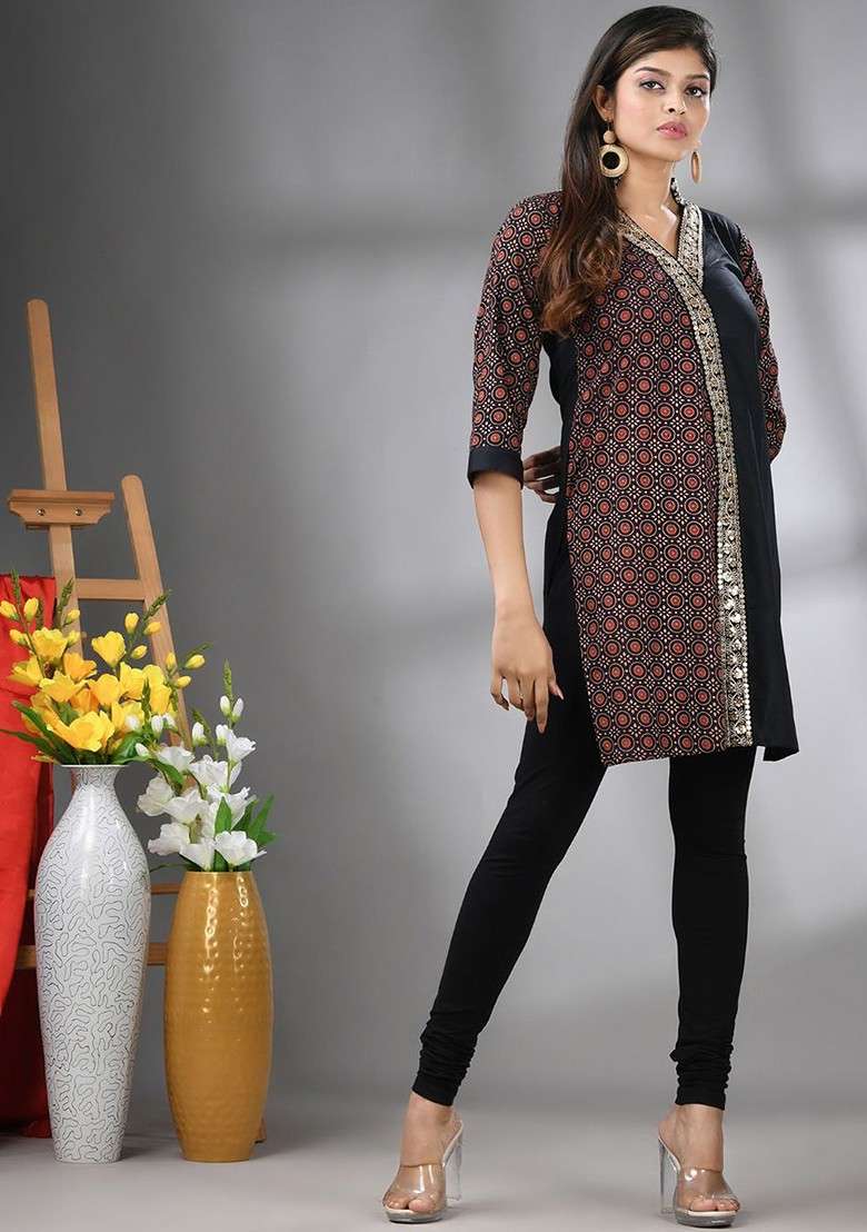 Black Printed Cotton Kurta - Indya