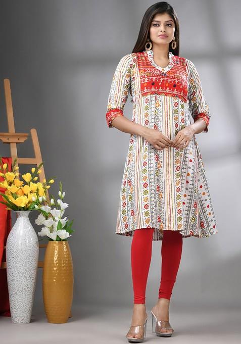 White Floral Print Rayon Kurta