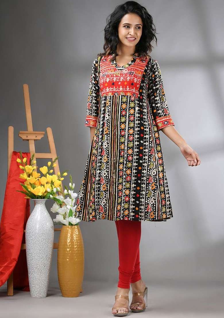 Black Geometric Print Rayon Kurta - Indya