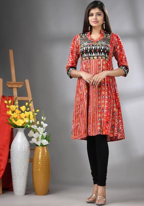 Red Printed Rayon Kurta